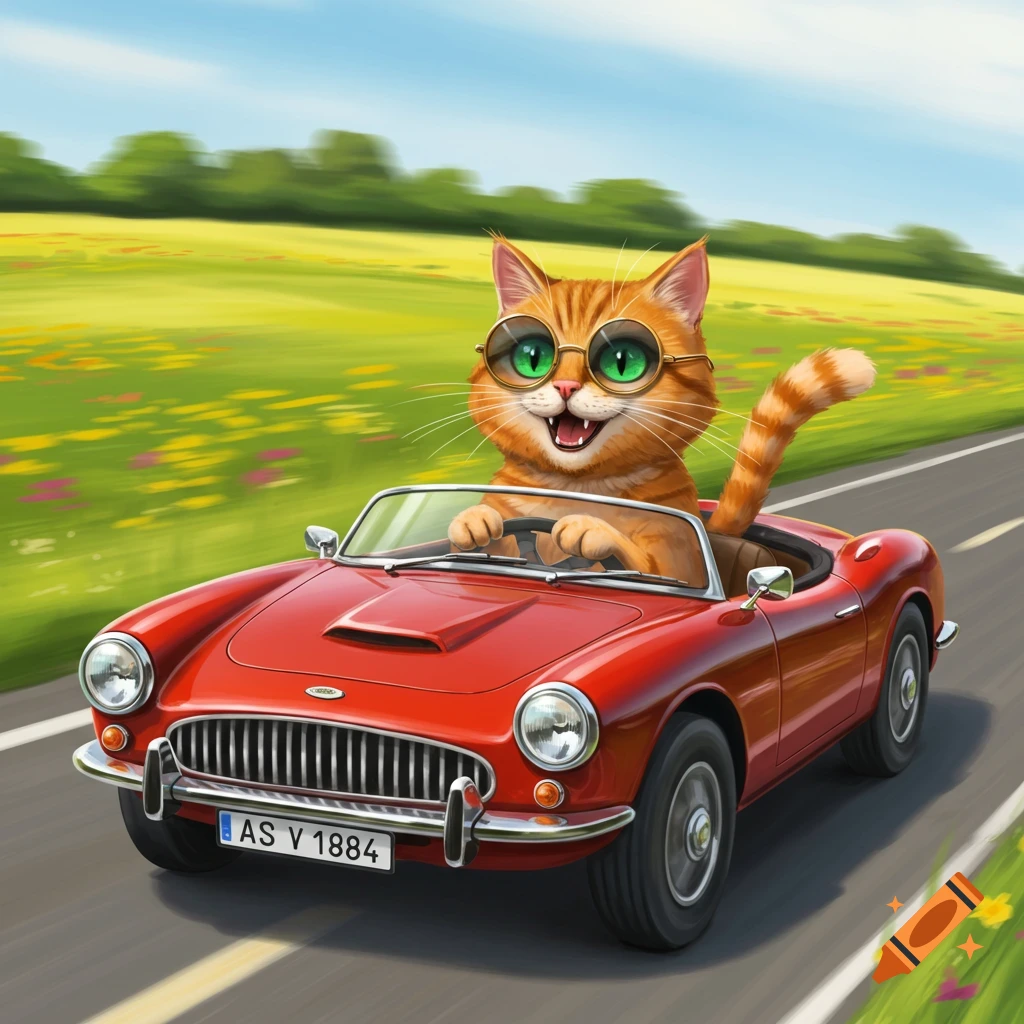A cartoon cat wearing sunglasses is driving a red convertible on a road.