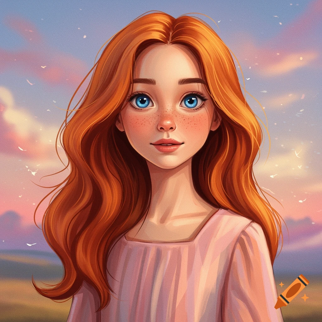 Portrait of a red-haired girl with blue eyes and freckles against a pastel sunset sky.