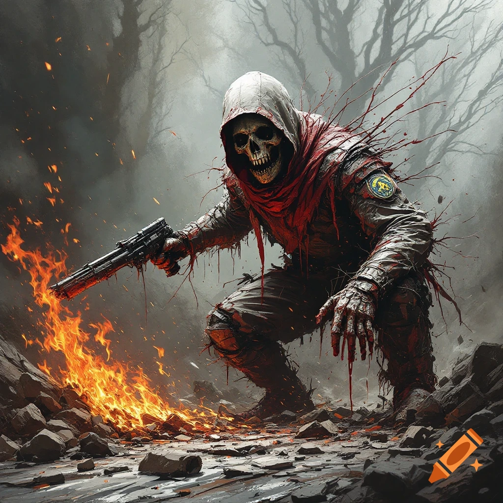 A skeletal figure in a hooded cloak with a rifle kneels amidst fire in a desolate landscape