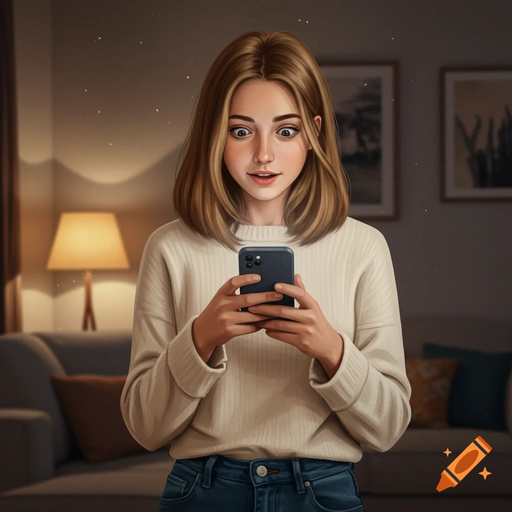 A young woman with a surprised expression looking at her smartphone indoors.