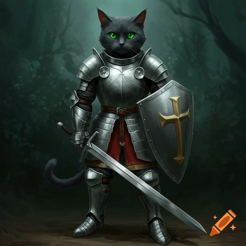 A black cat in knight armor holding a sword and shield.