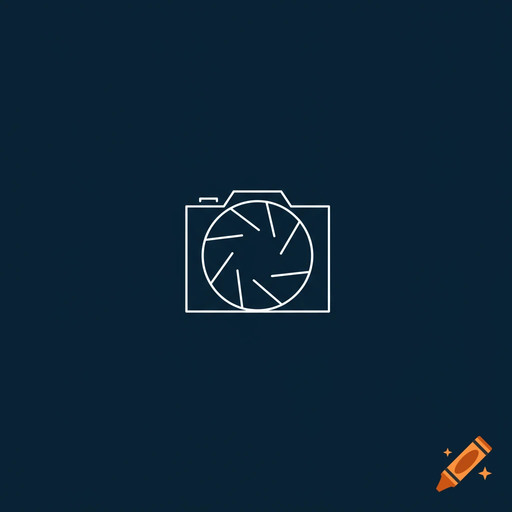 White outline icon of a camera with an aperture lens on a dark blue background.