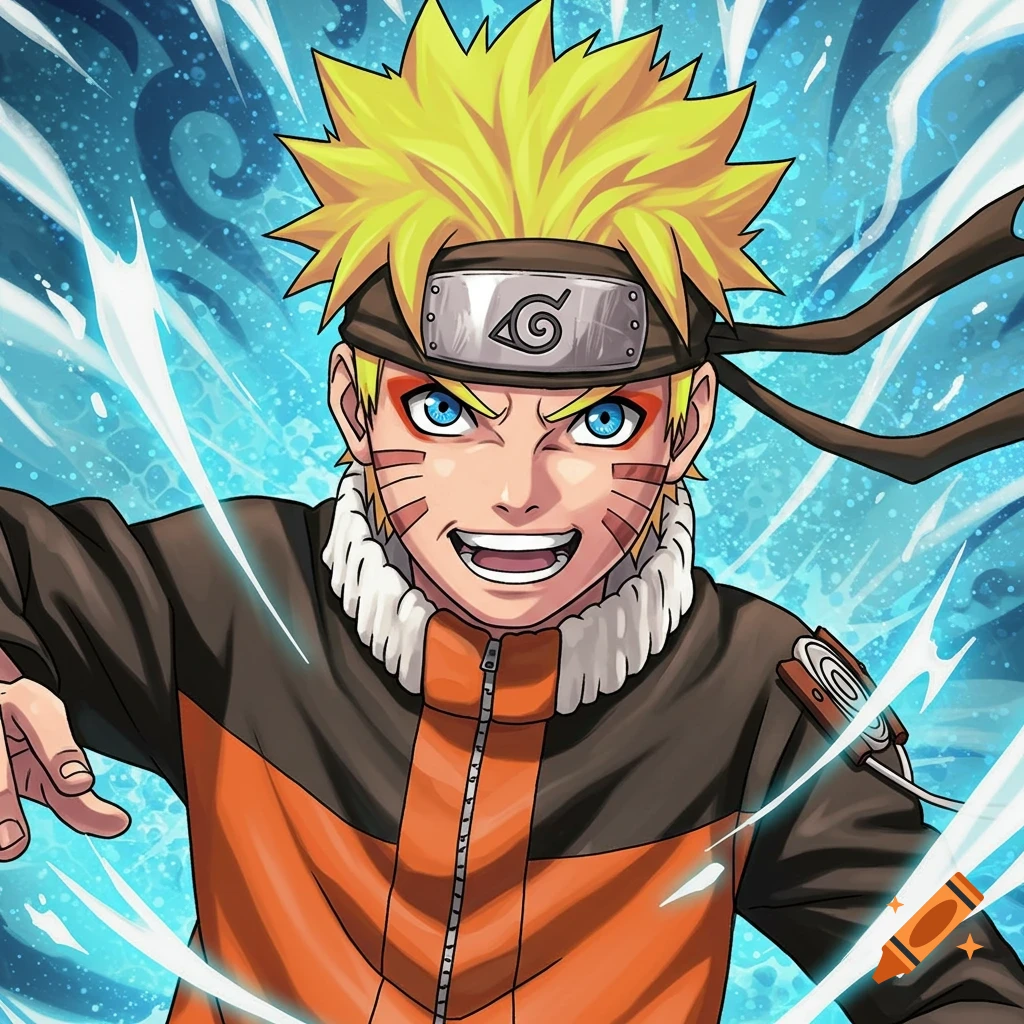 The anime character Naruto Uzumaki is smiling with a blue background