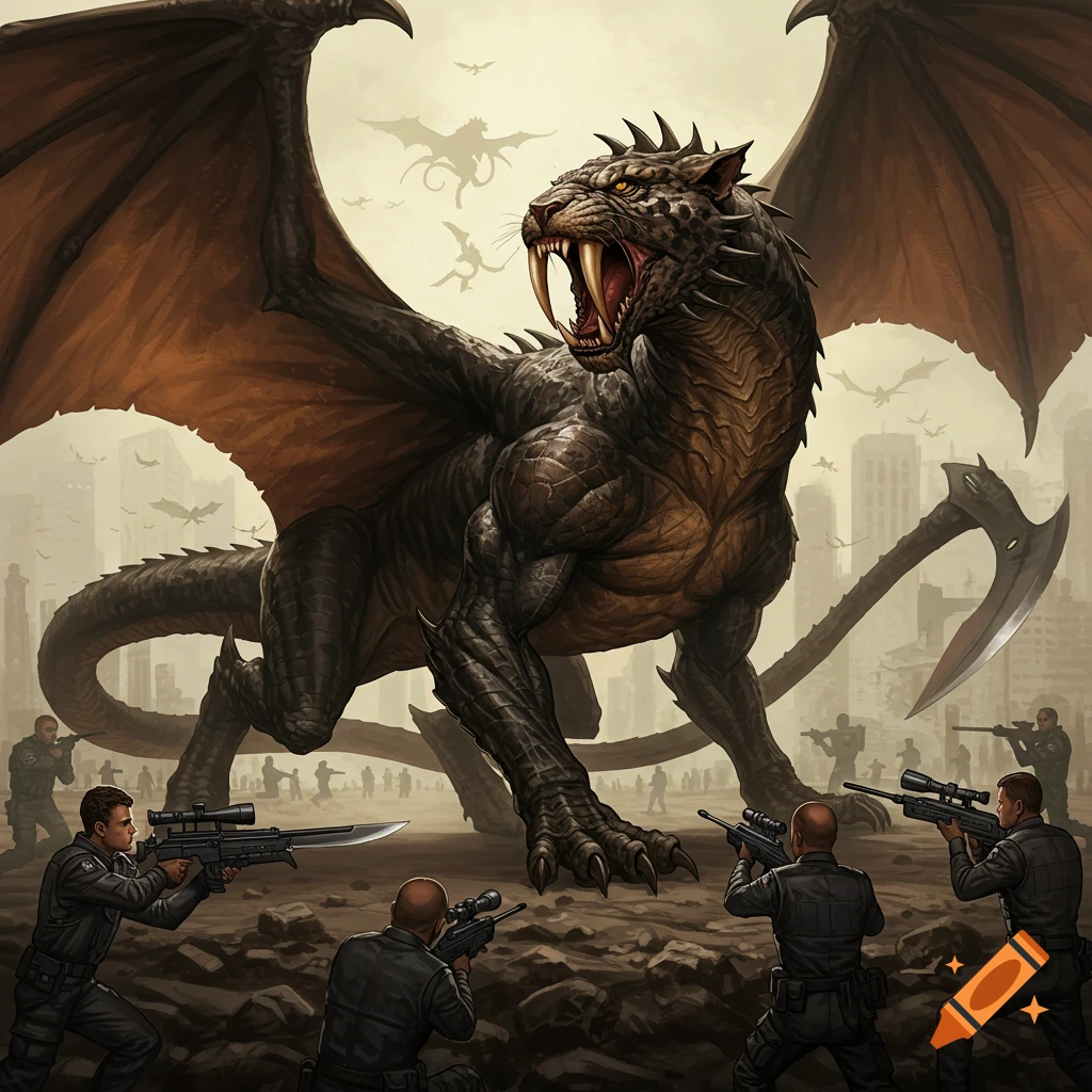 A giant winged dragon-like creature with a sabertooth head confronting soldiers in a ruined city.