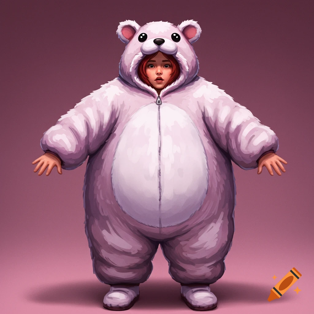 A person wearing a huge fluffy pink bear onesie.