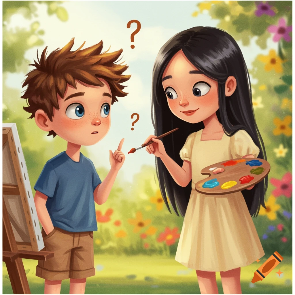 A cartoon illustration of two kids painting in a garden.