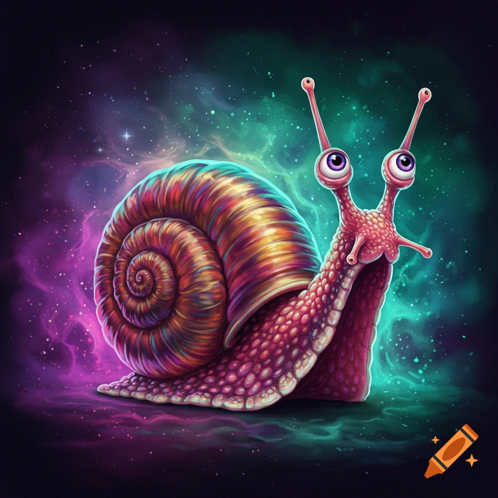 A colorful, stylized snail with large eyes on stalks against a nebula background.