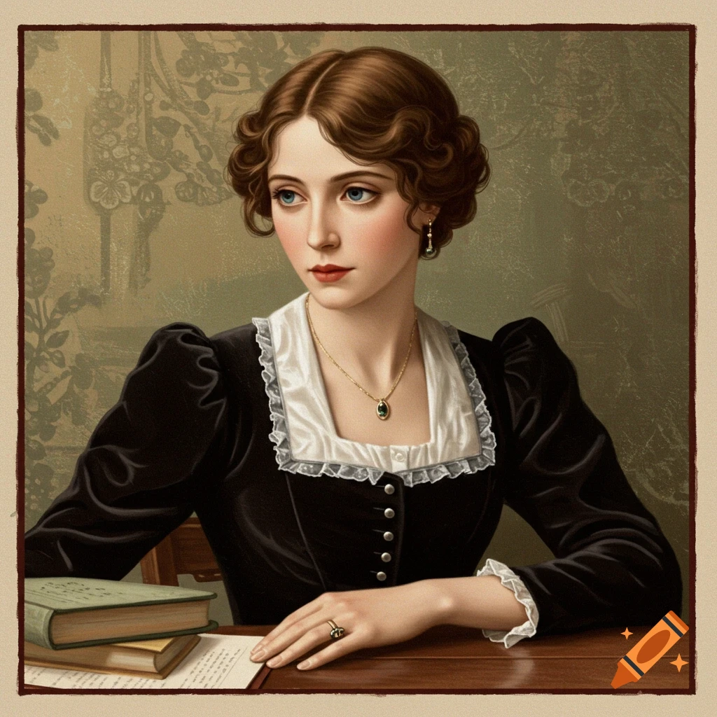 A woman with brown hair and blue eyes in a historical black dress, sitting at a desk with books.