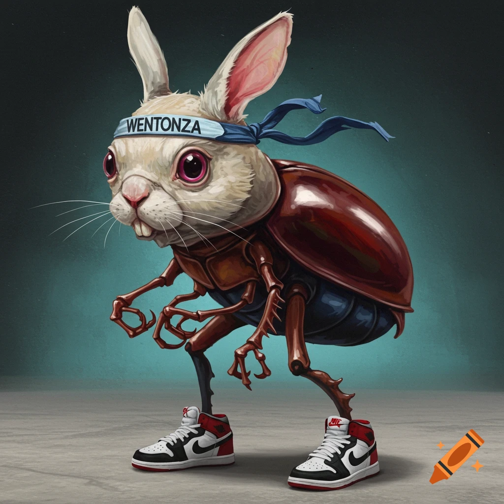 A rabbit-headed beetle creature wearing a headband and sneakers.