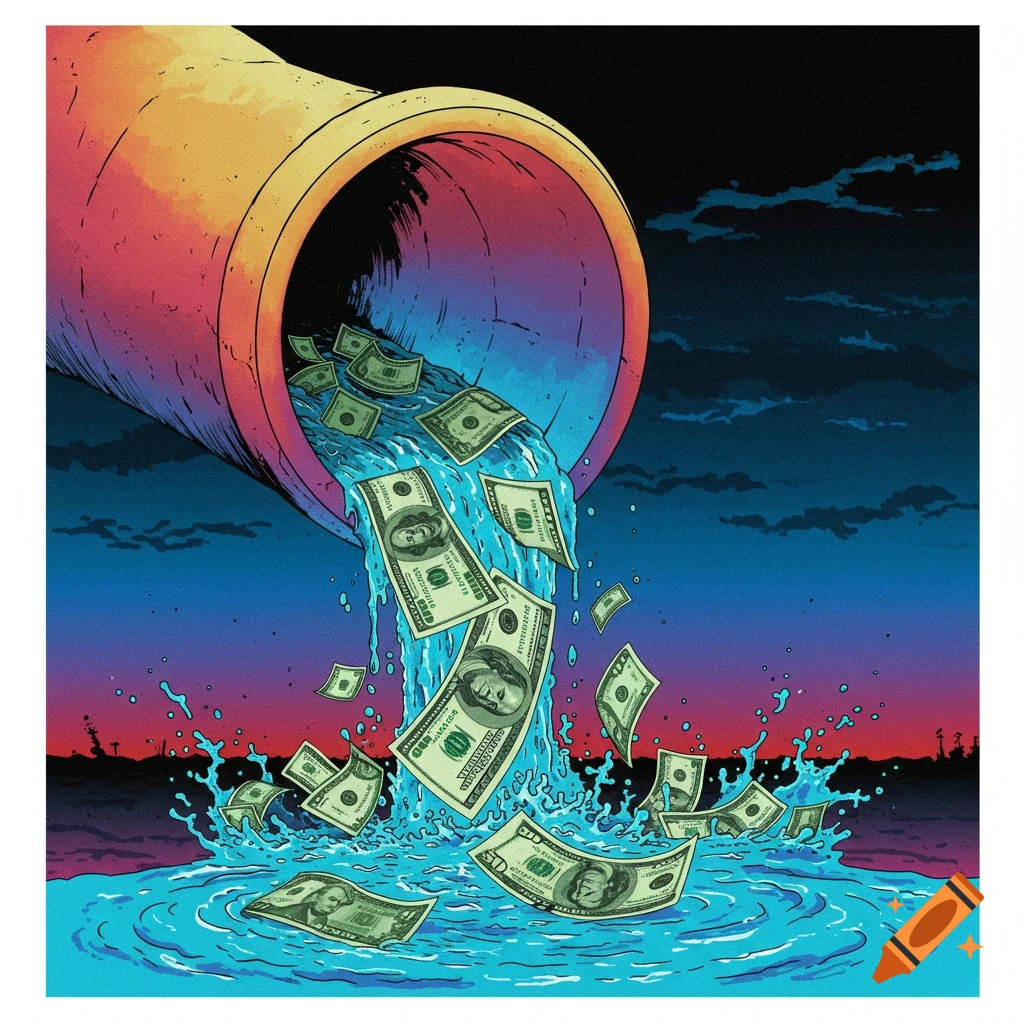 Digital illustration of colorful US banknotes flowing out of a large pipe into a pool of water.