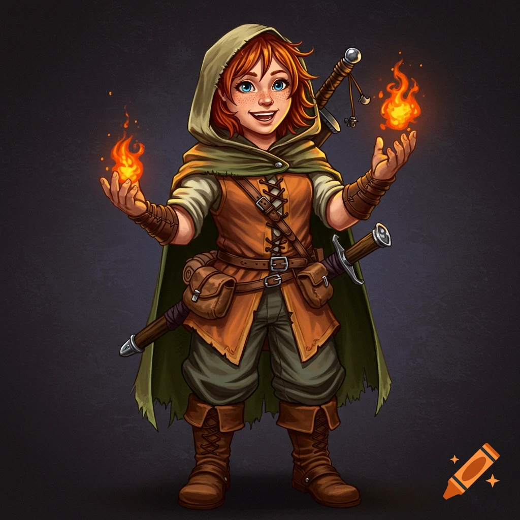 A halfling character with red hair, hooded cloak, swords, and fire in hands.