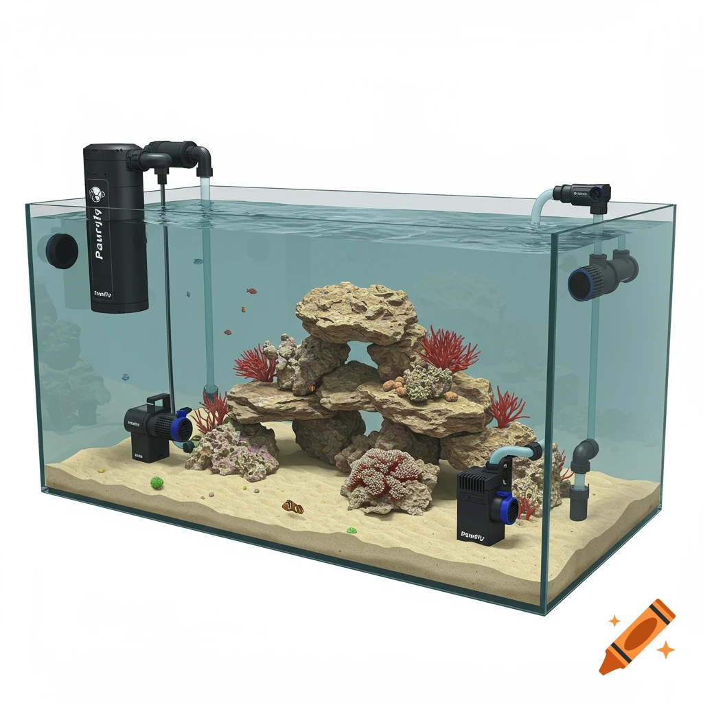 Realistic 3D rendering of a saltwater aquarium with fish, live rock, coral, and pumps.
