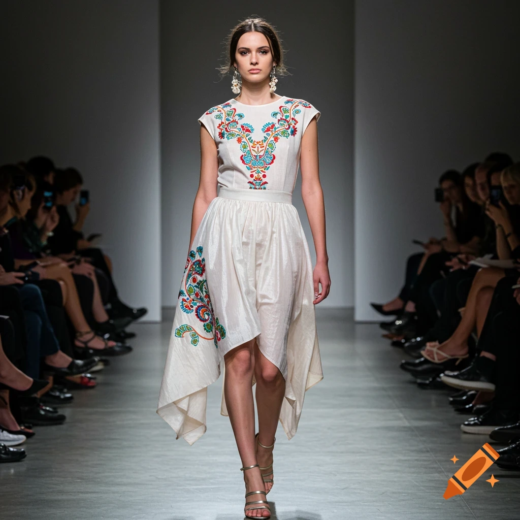 Fashion model walks runway in white dress with colorful embroidery