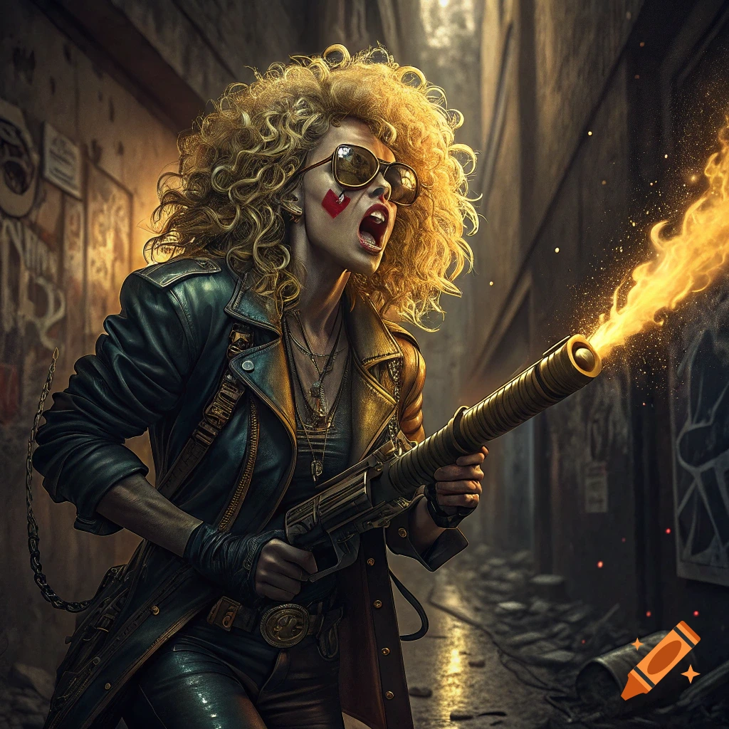 Woman with curly hair and sunglasses shooting a flamethrower in a gritty alley.