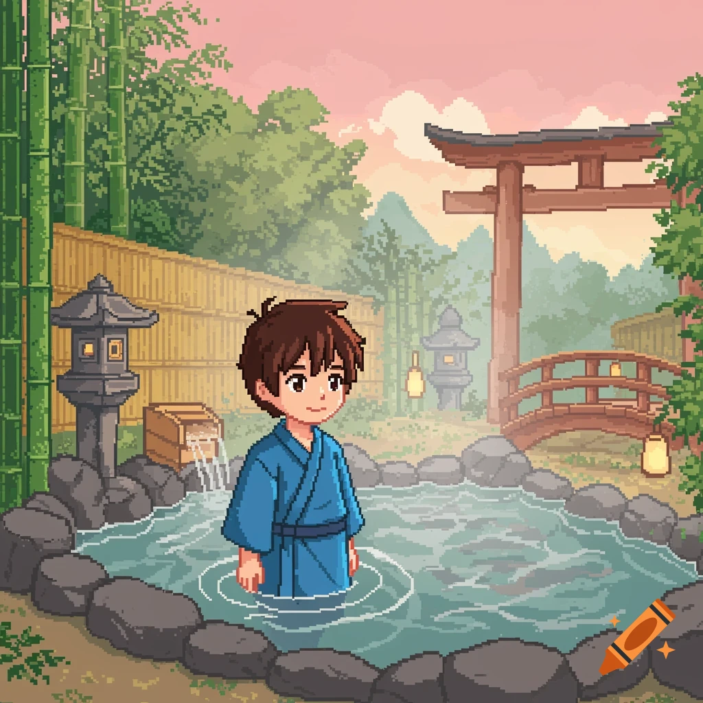 Pixel art of a boy in a blue yukata in an onsen setting.