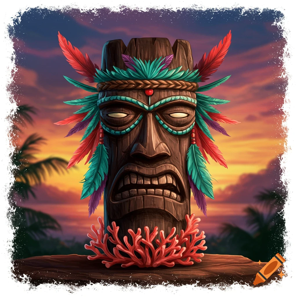 A stern wooden tiki idol decorated with colorful feathers and coral, against a sunset beach background.