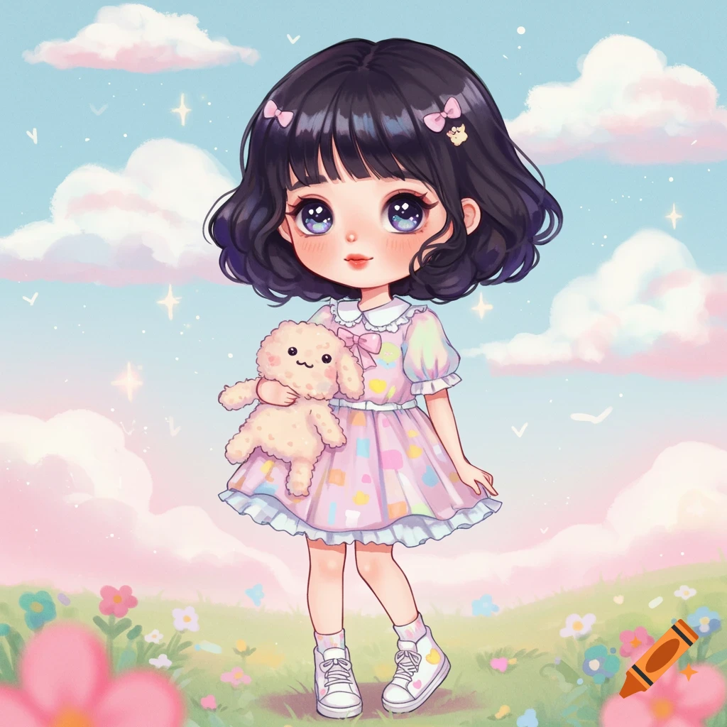 Cute anime girl holding a stuffed toy in a pastel fantasy landscape with clouds and flowers.