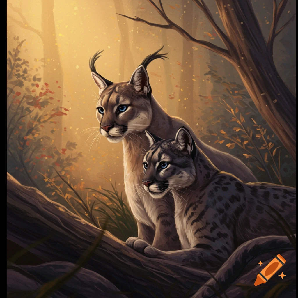 Semi-realistic painting of two cougars with ear tufts in a warm, atmospheric forest.