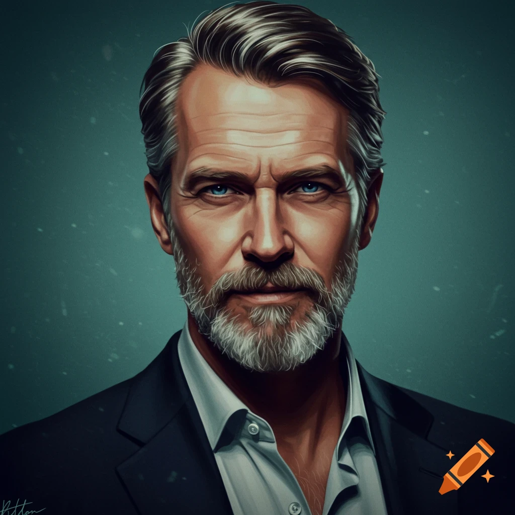 portrait of a handsome older man with a beard in a suit.