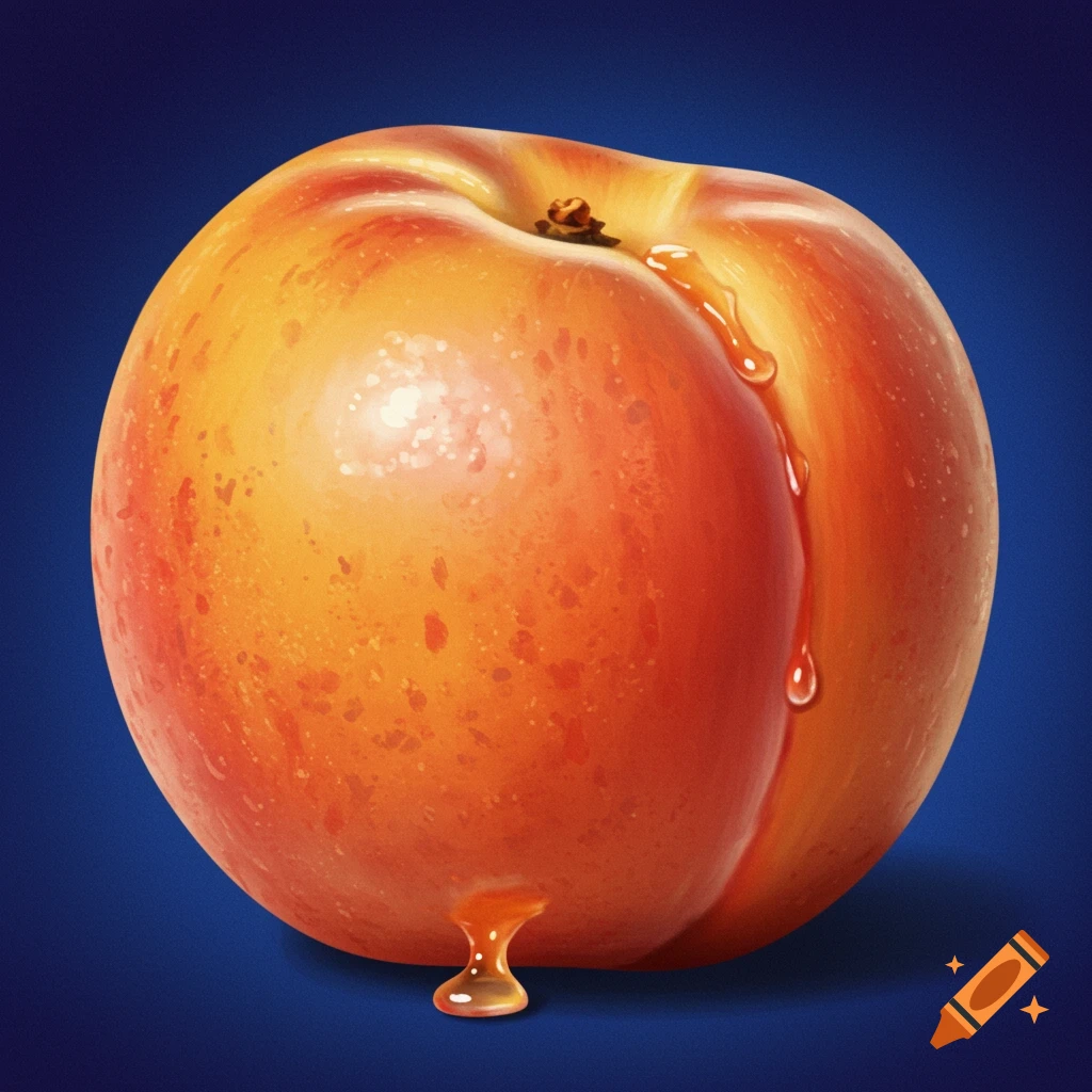 A hyperrealistic image of a juicy peach with a drop of juice dripping down its side.