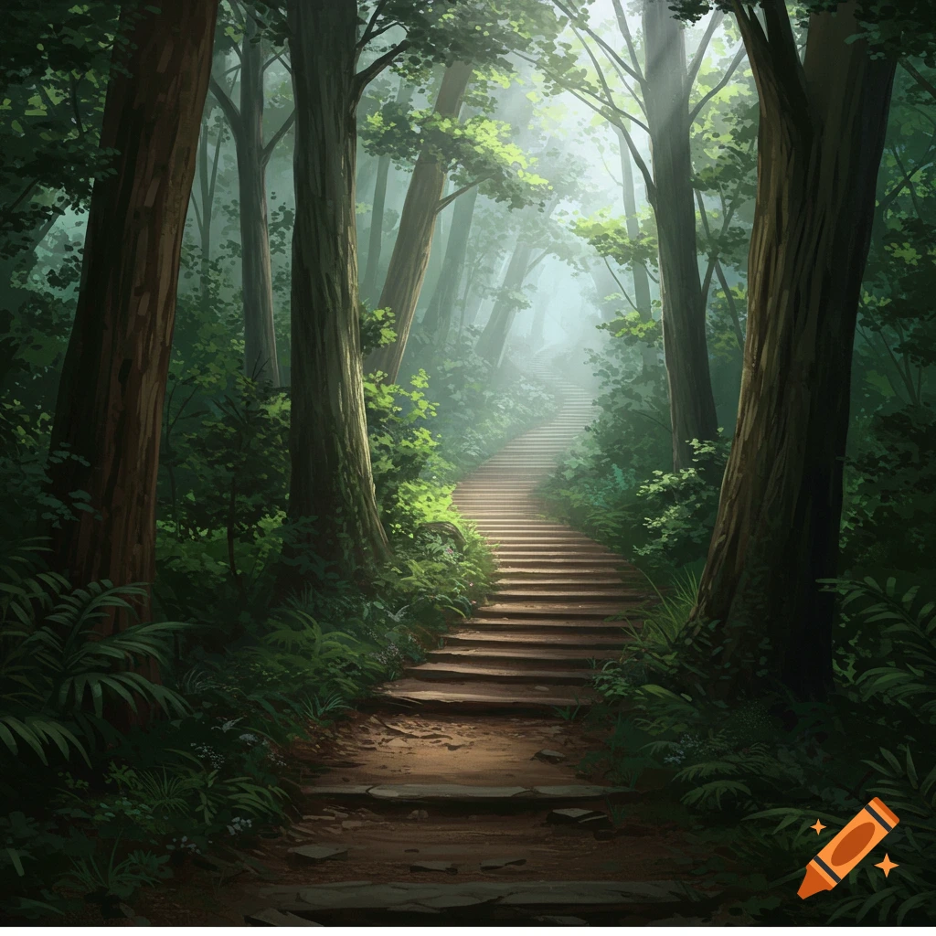 A steep trail leads through a sunlit forest.
