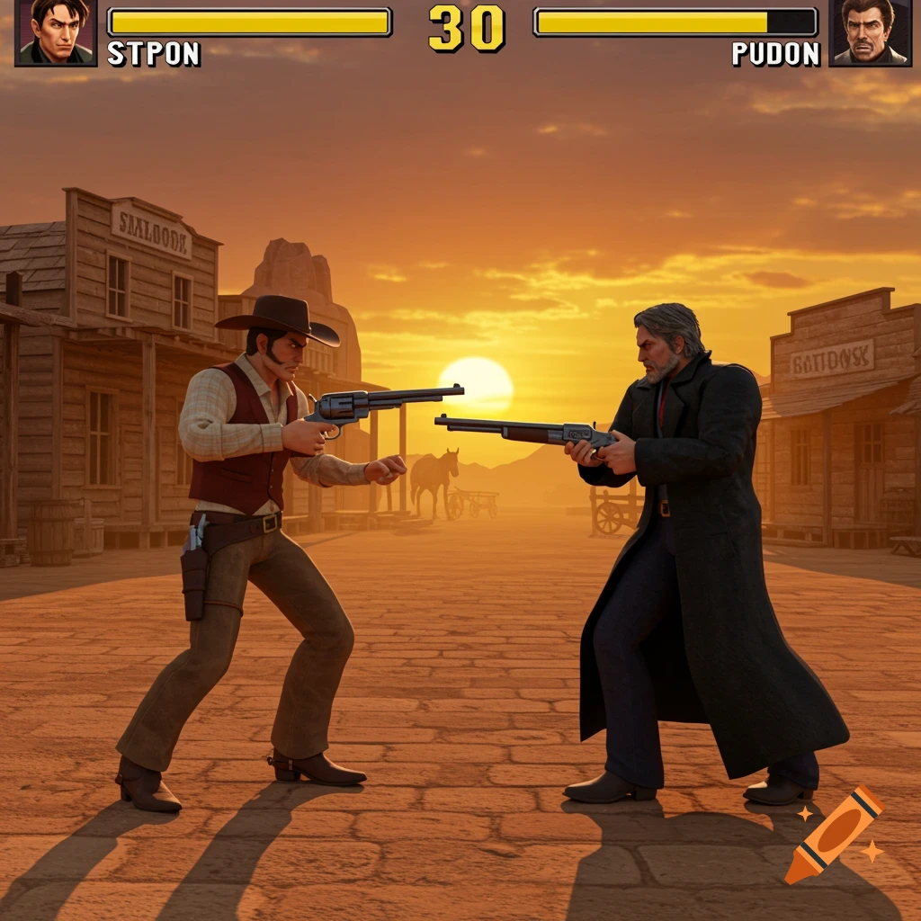 Two stylized figures in a Wild West street shootout, mimicking a classic 3D fighting game interface at sunset.
