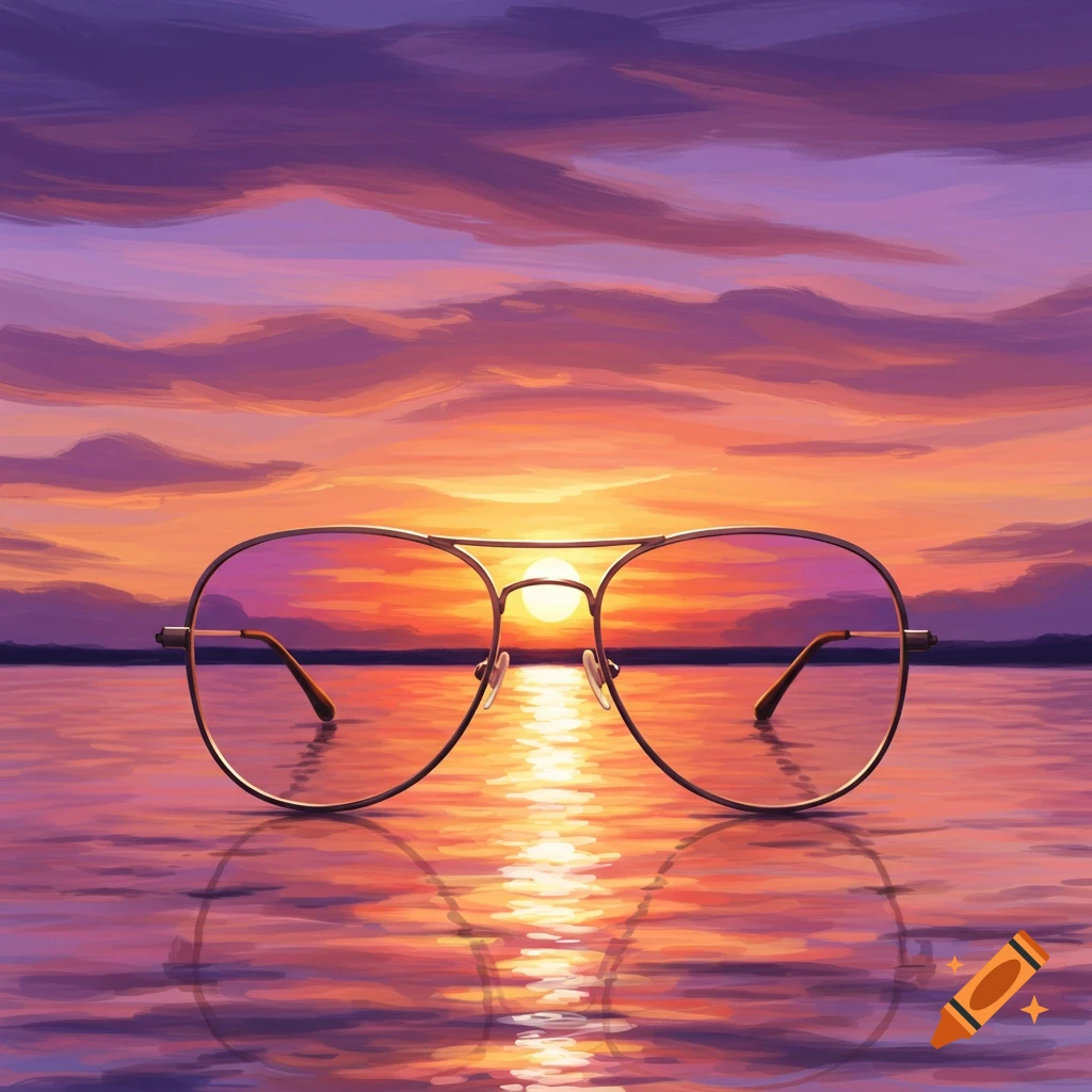 sunglasses reflecting a sunset over water