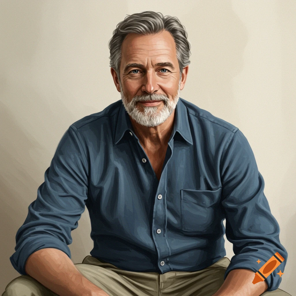 An older man with gray hair and beard, wearing a blue shirt, is sitting and looking at the camera.