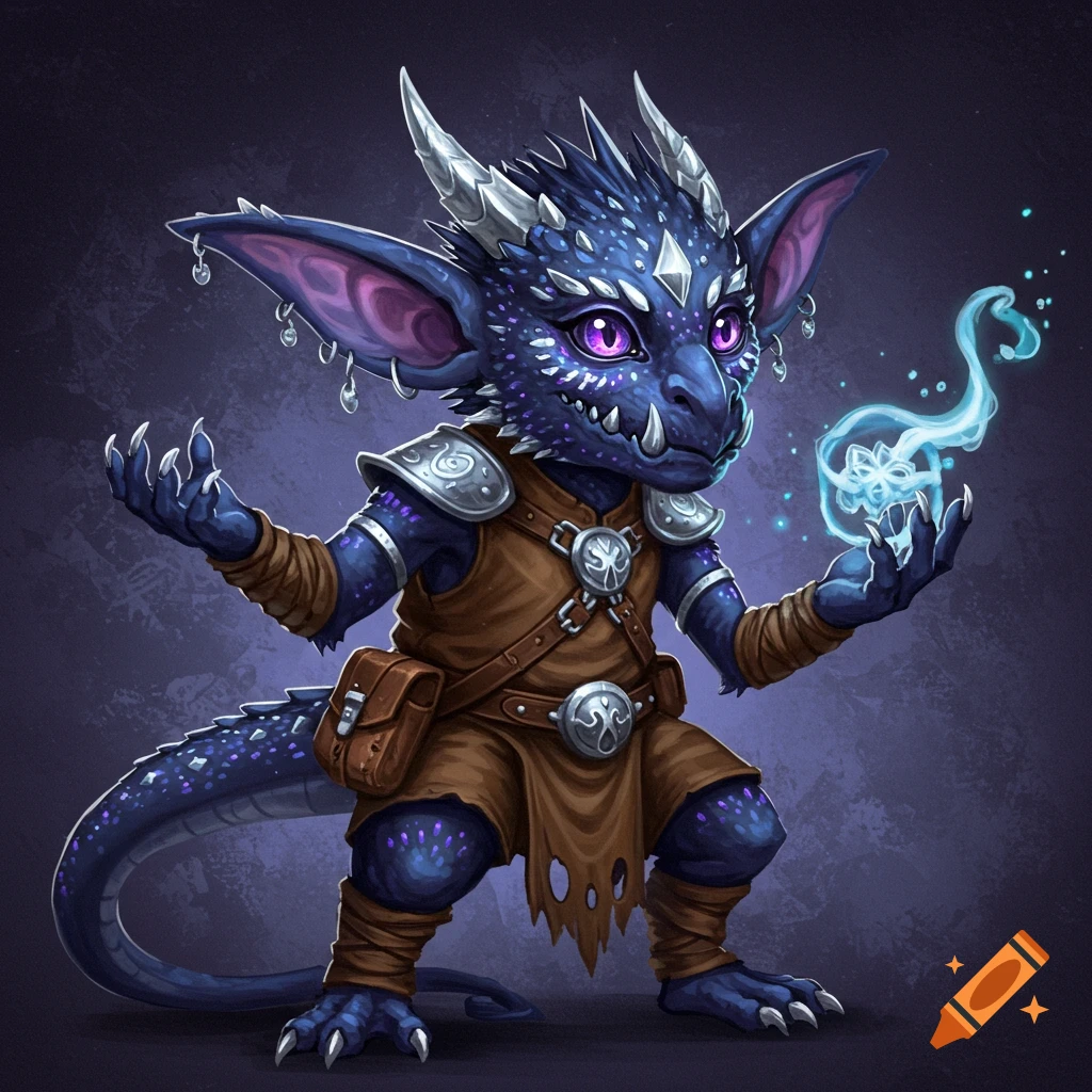 A blue scaly creature with horns holds a glowing magical effect.