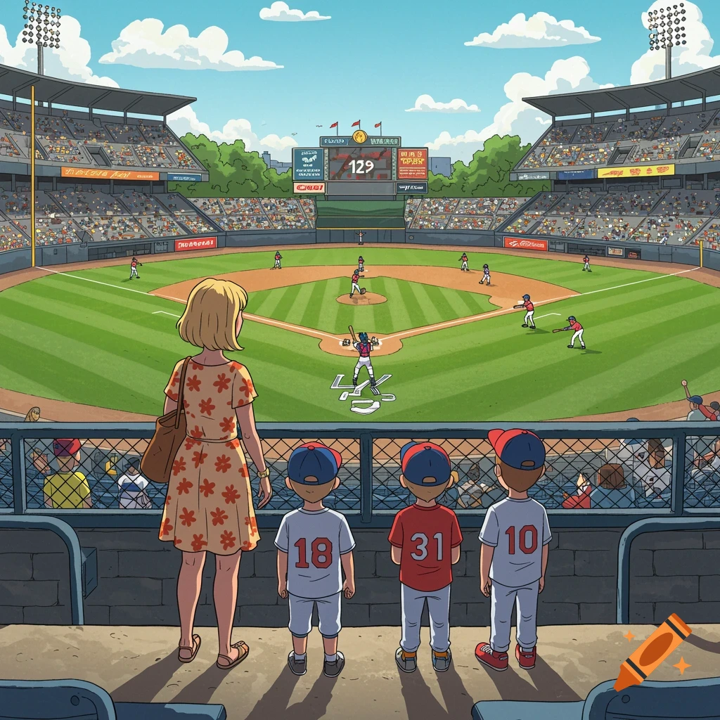 Cartoon illustration of a family watching a baseball game from behind in a stadium.