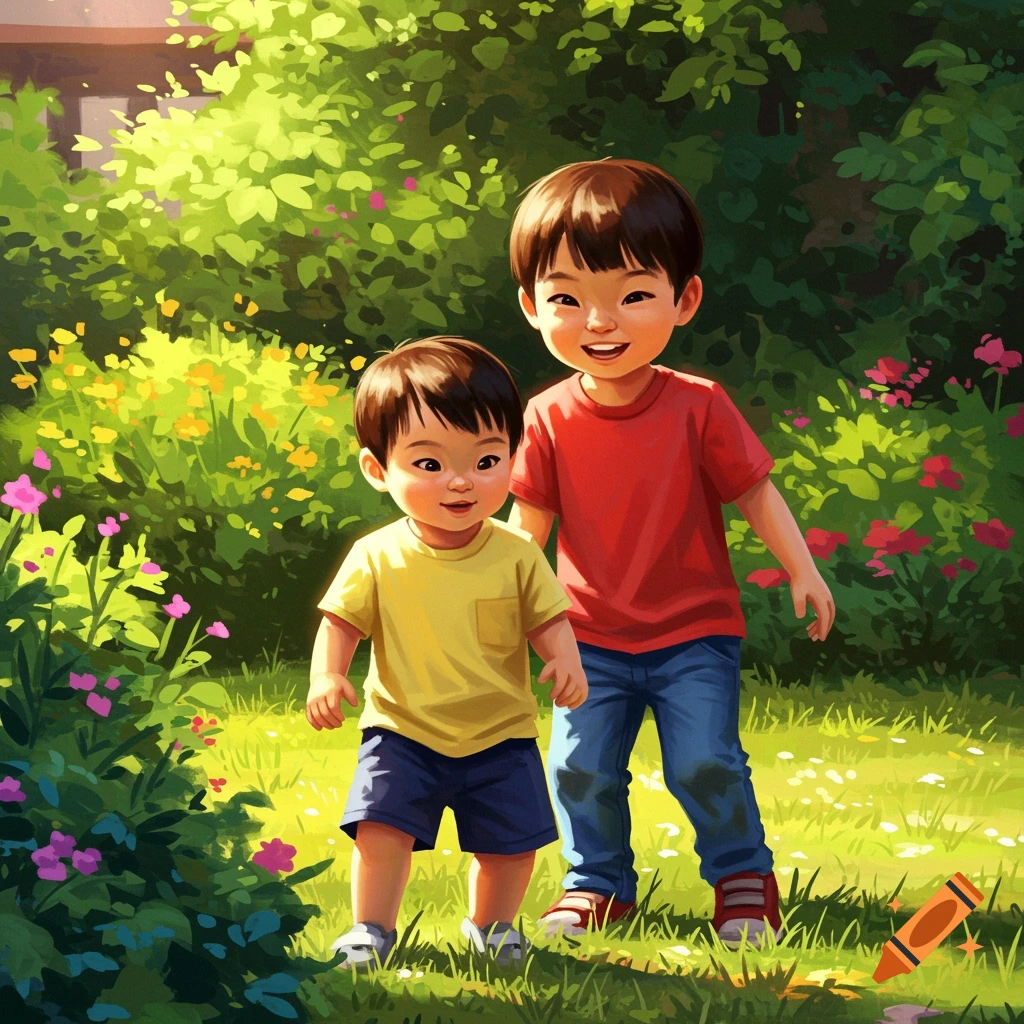 Two young Asian brothers smile brightly in a sunny, vibrant garden.