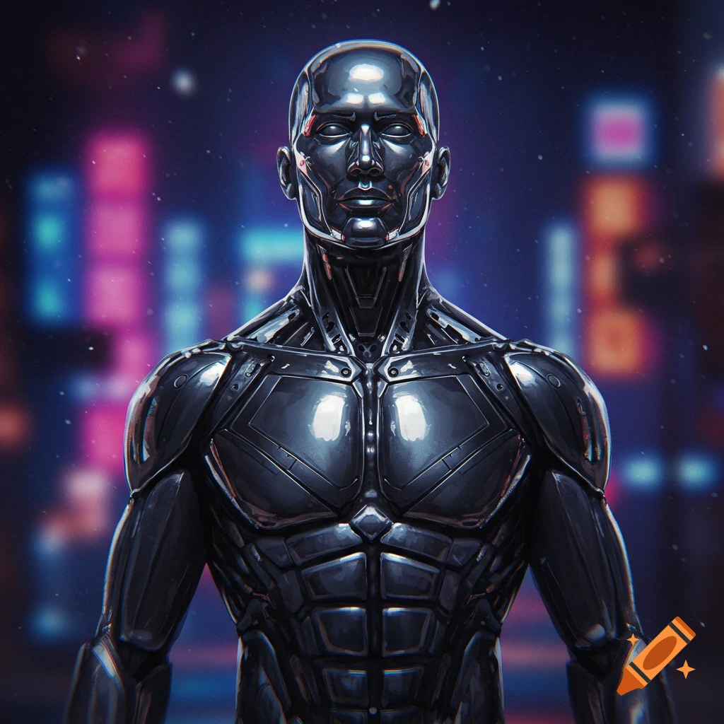 A metallic figure in a black suit stands before a blurry cyberpunk city background.