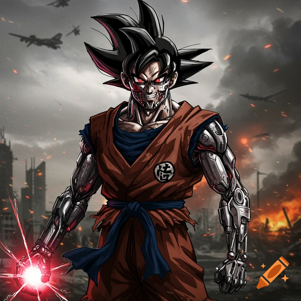 Cyborg Goku with red eyes and metallic arms, holding a red energy blast in a ruined city background.