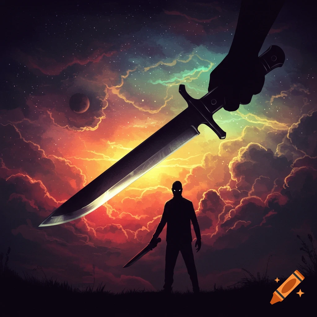 A silhouetted man with a knife looks up at a giant sword descending from a dramatic, starry sky with colorful clouds and a planet.