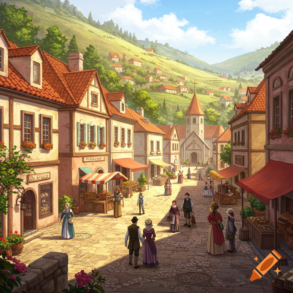 A bustling medieval town square with market stalls and people.