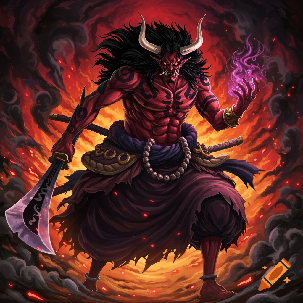 Red-skinned demon warrior with horns, wielding a curved sword and purple energy, standing in a fiery, smoky background in an anime style.