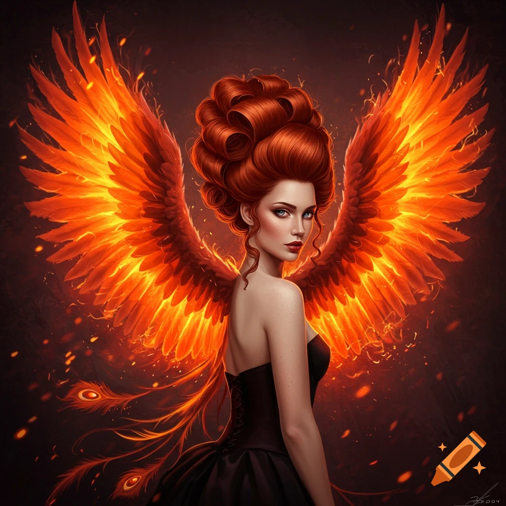 A woman with fiery phoenix wings