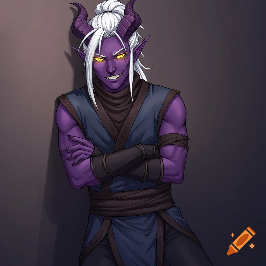 A purple-skinned male tiefling ninja with white hair, yellow eyes, and horns, smirking and leaning against a wall.