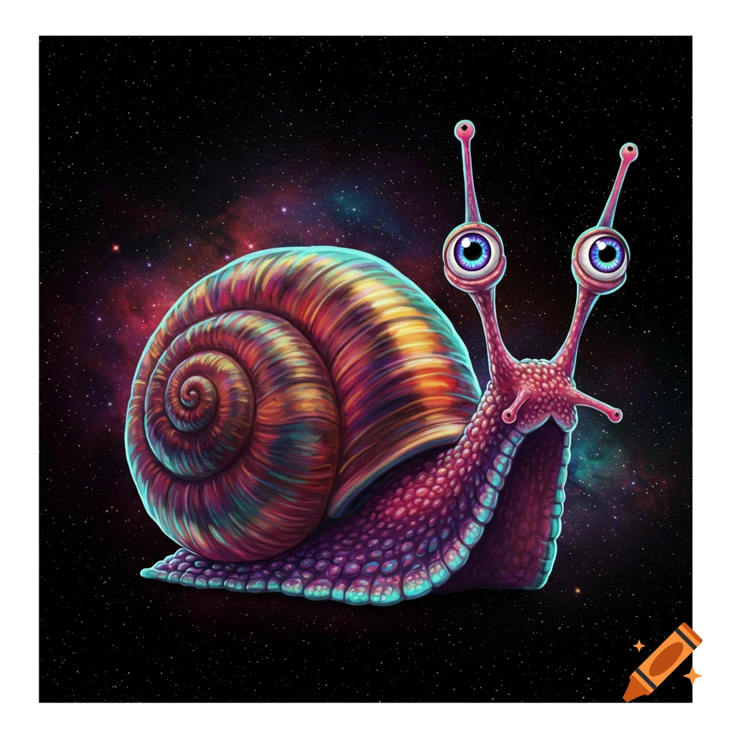 A colorful snail with large eyes on stalks is shown against a starfield background.