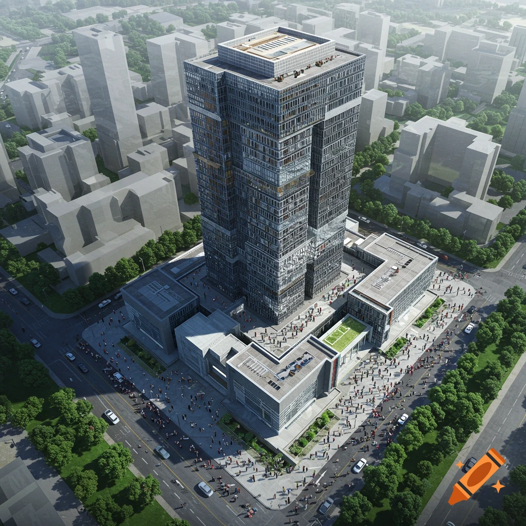 Aerial view of a large modern building in a city with many people around the base, 3D rendering.