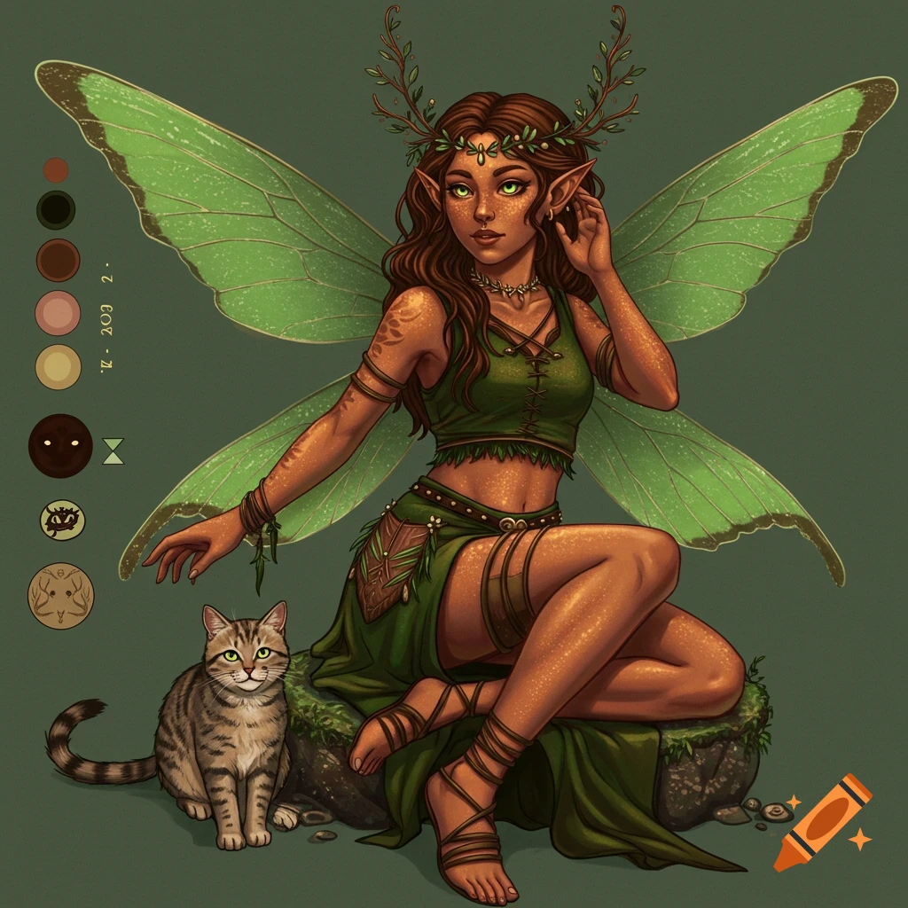 A green-winged fairy with copper skin sits next to a tabby cat.