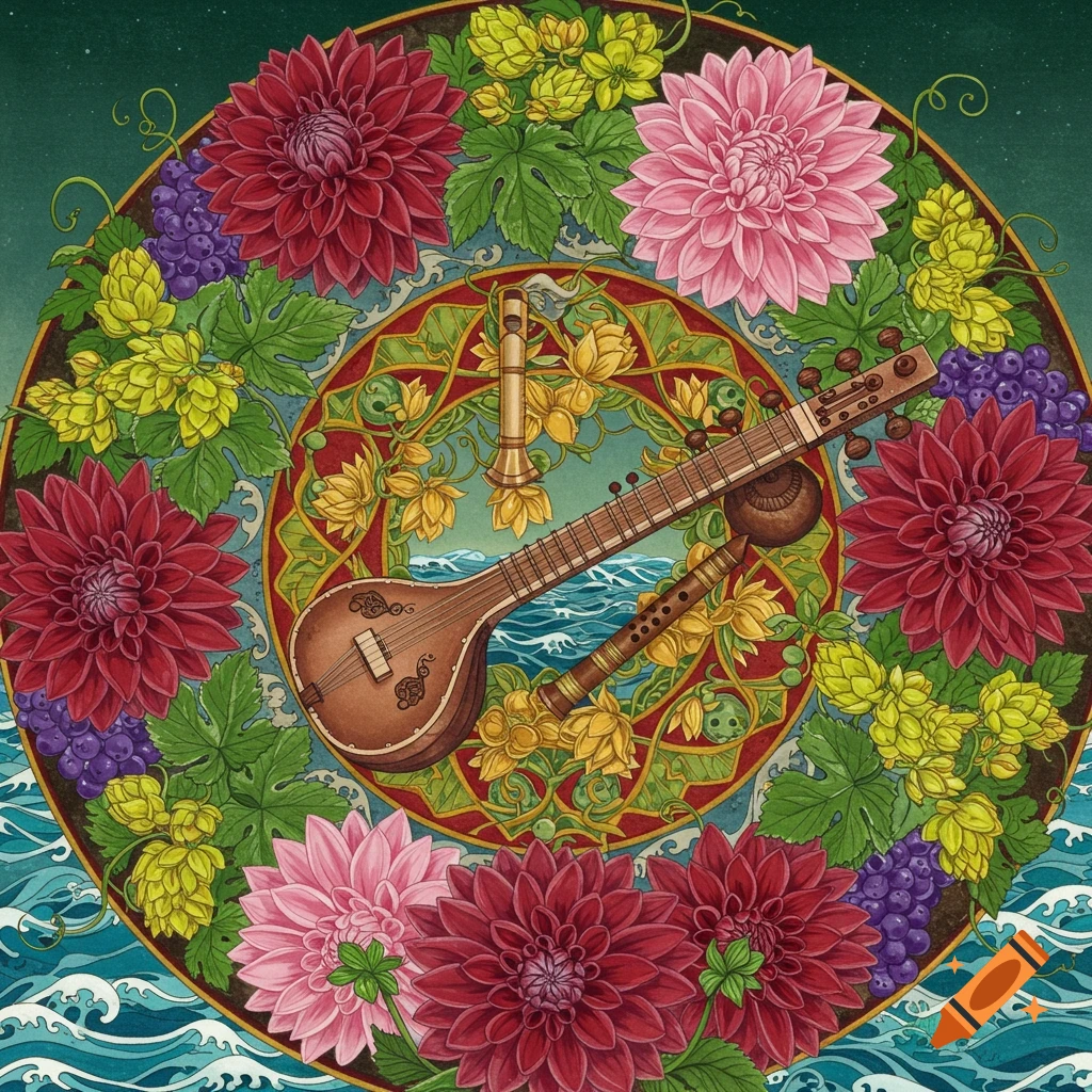 A detailed mandala illustration with flowers, musical instruments, grapes, and ocean waves.