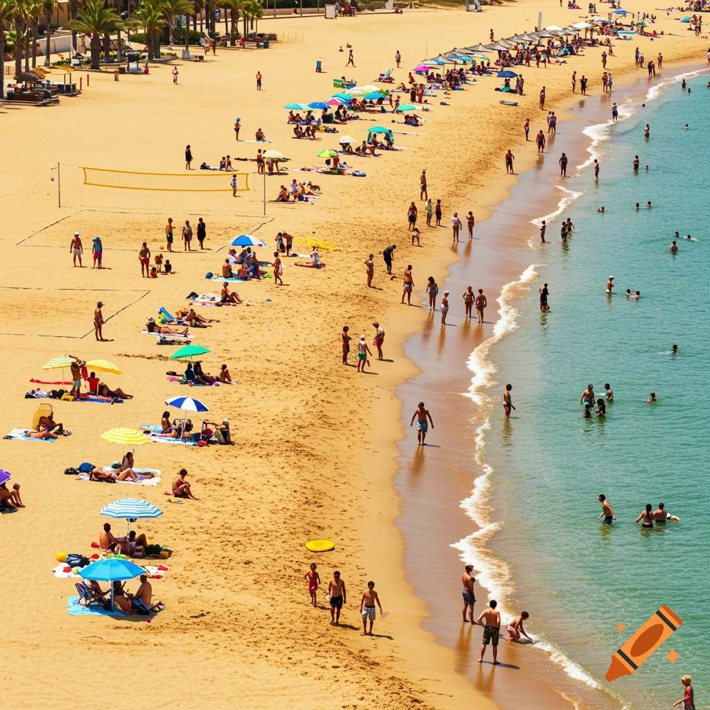 A high-angle view of a crowded beach with people swimming, sunbathing, and playing volleyball on a sunny day.