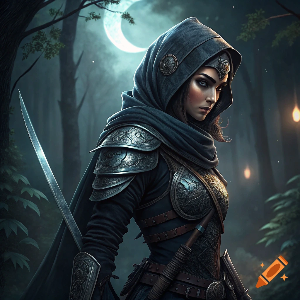 A hooded warrior in elaborate armor stands in a misty forest under a crescent moon, holding a sword. Fantasy art.