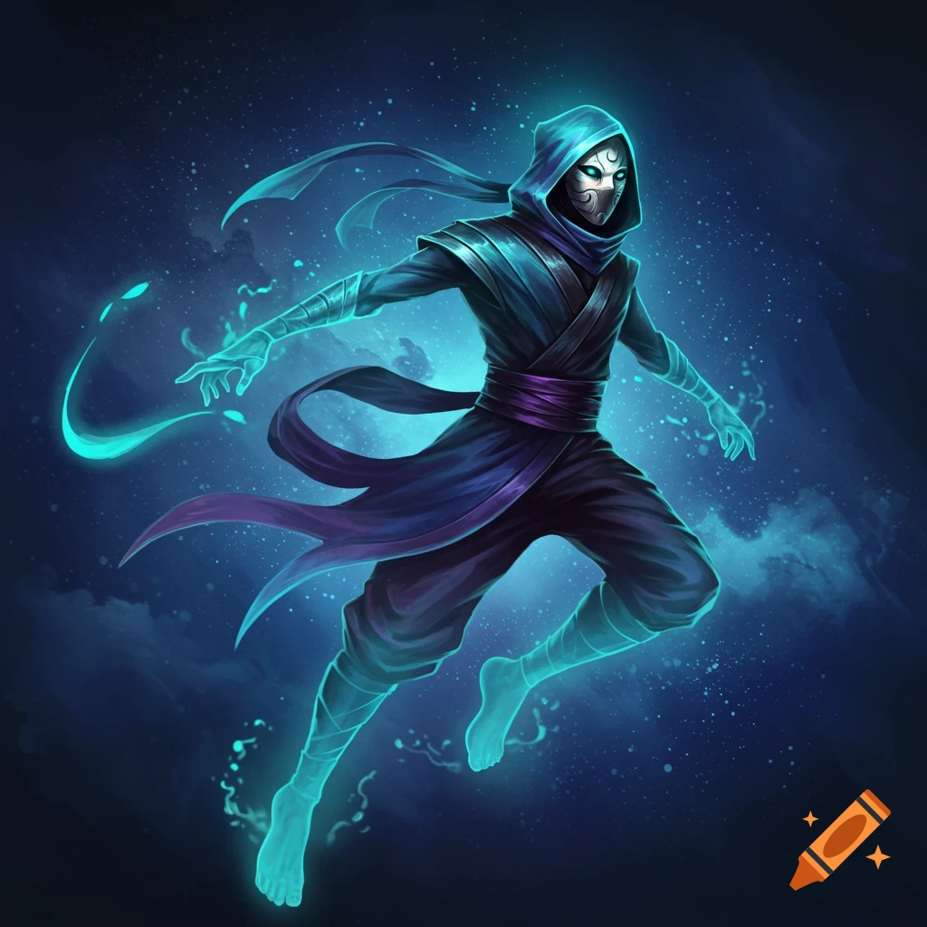 A spectral ninja floating in a starry sky