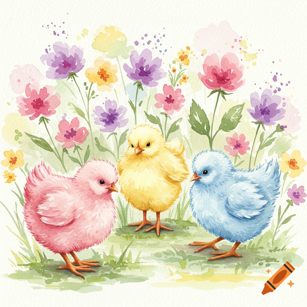 Three pink, yellow, and blue watercolor chicks among colorful flowers.