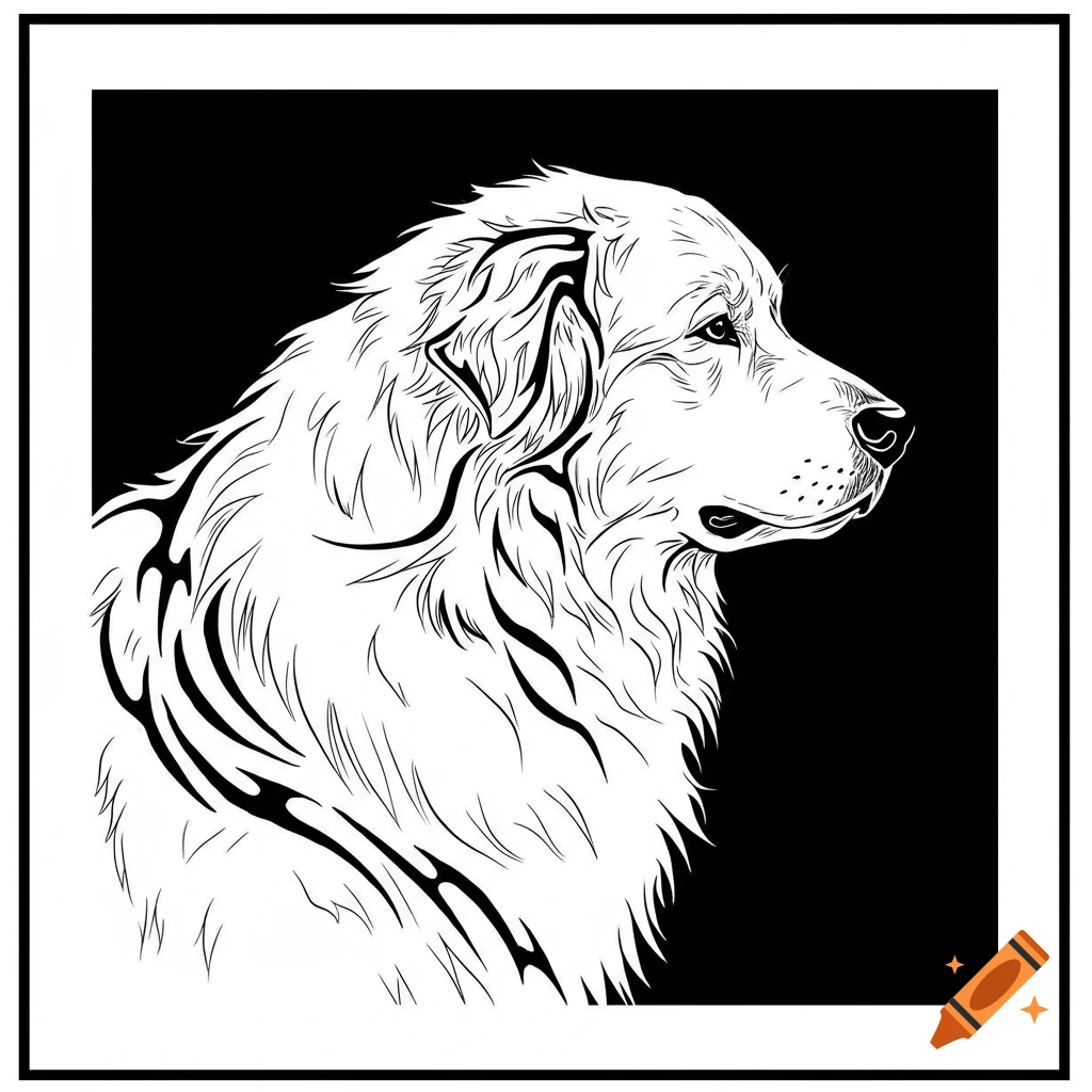 Black and white illustration of a Great Pyrenees dog head in profile with tribal style markings on its fur.