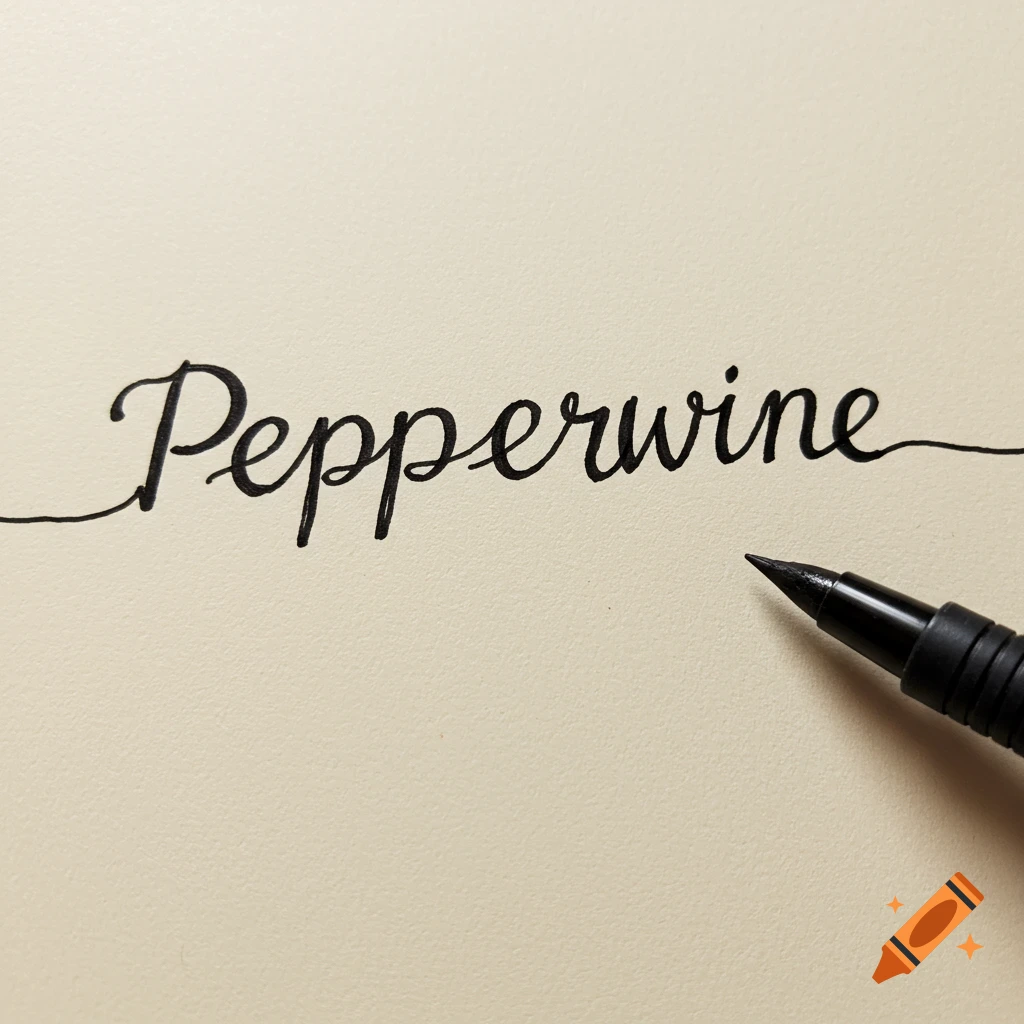 The word Pepperwine written in black cursive ink on paper, with a pen tip nearby.
