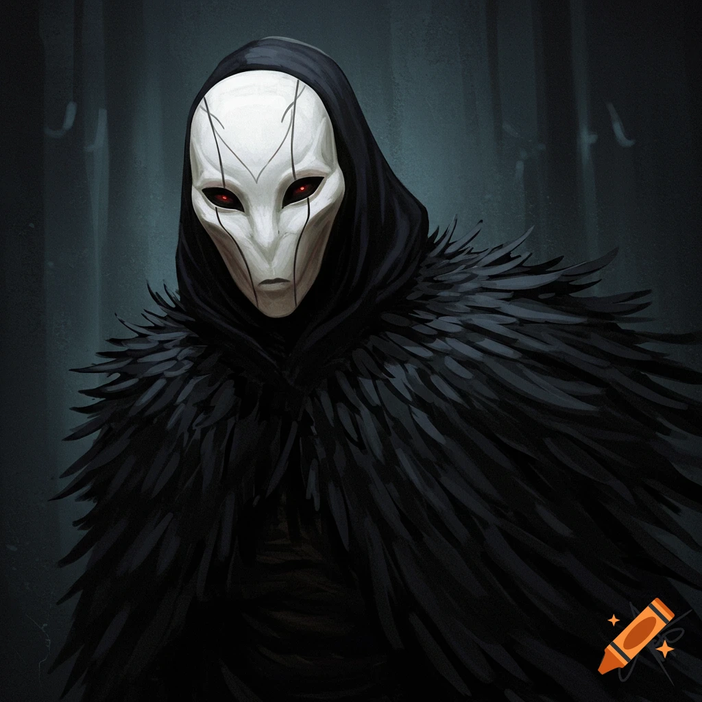 A masked figure wears a black feathered cloak.