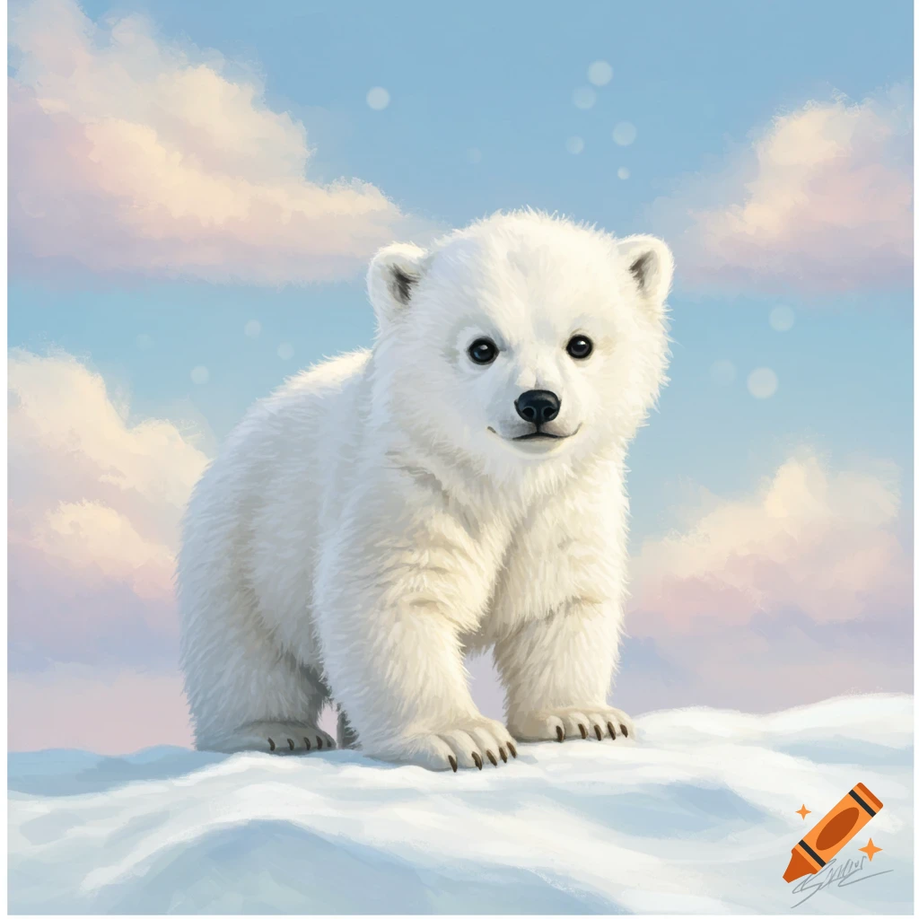 A cute baby polar bear stands on snow under a cloudy sky.